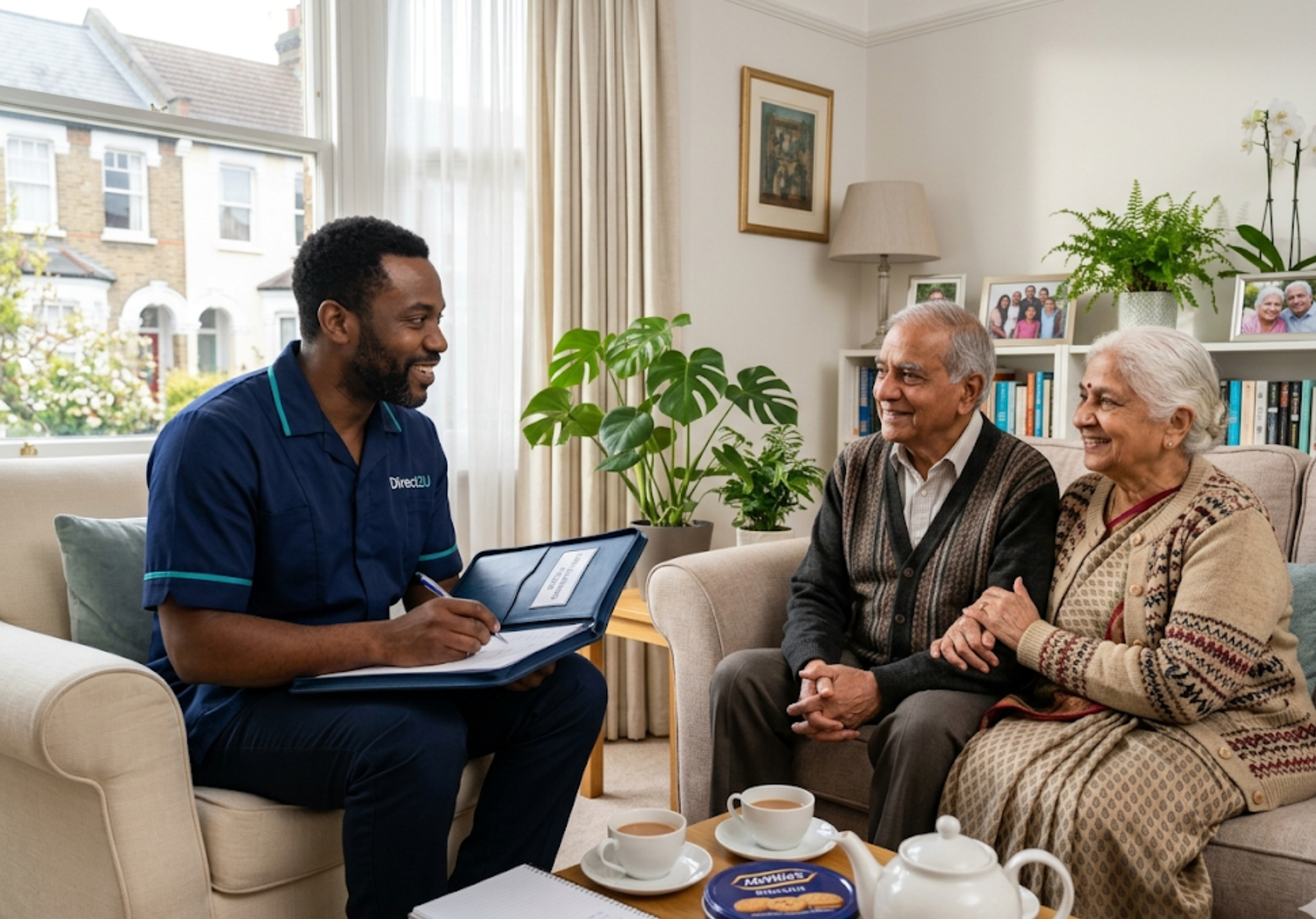 Direct2U care coordinator taking notes during a free home care assessment with an elderly couple in their North London home